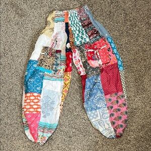 Casual Red and Pink Patchwork Pants with Bohemian Flair